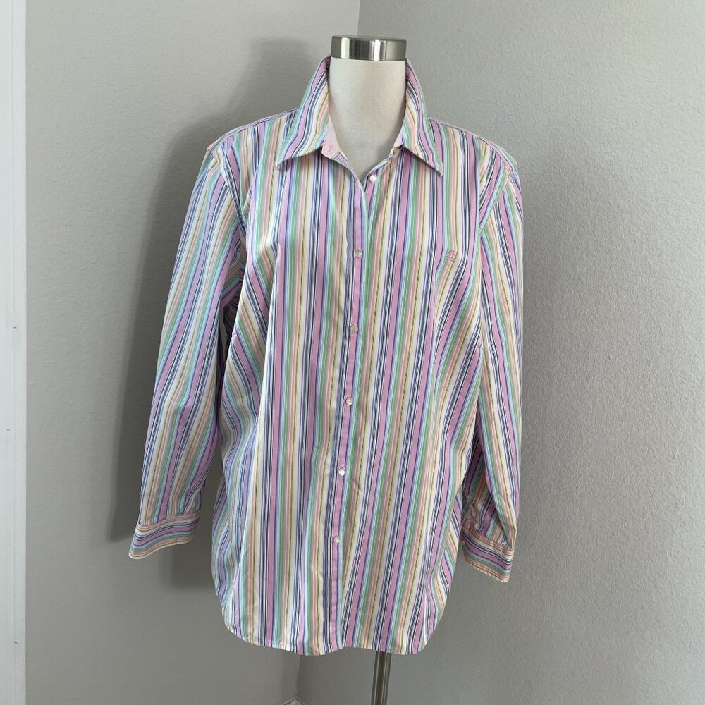 Lauren Ralph Lauren Womens Plus 2X Pastel Striped Button Up Shirt Long Sleeve‎